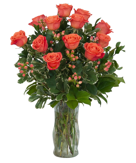 Orange Roses and Berries Vase