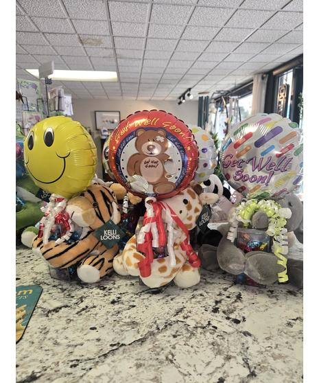 Get Well Stuffed Animal with Candy and Balloon
